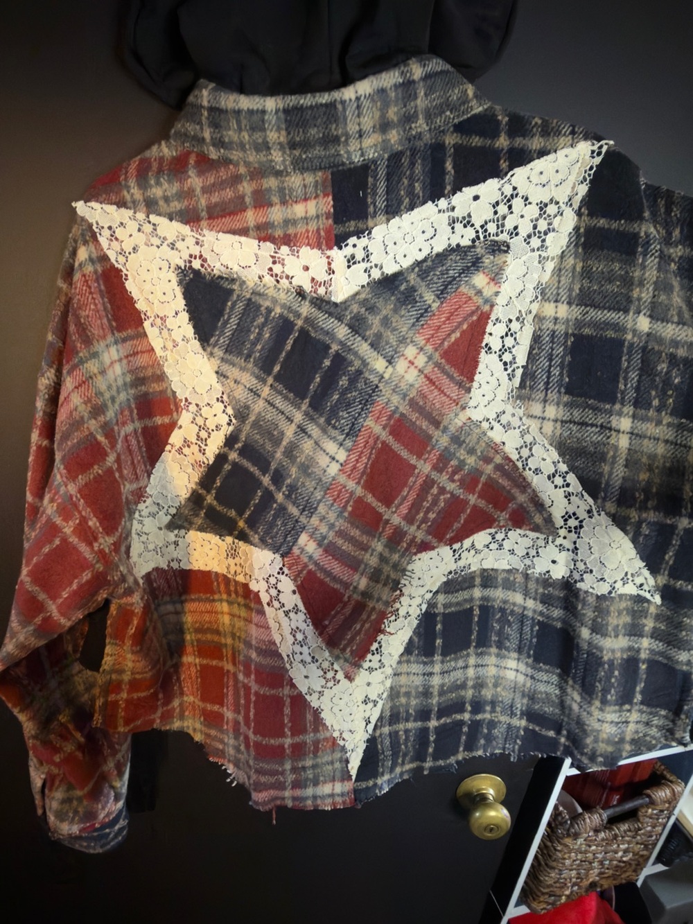Oli & Hali Plaid Button-Front Shacket in Navy, Red & Cream Star Lace Detail - Picture 4 of 11